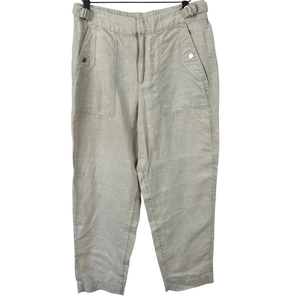 Athleta 100% Linen Crop Pants Tan Utility Cargo Ankle Buckle Tab Womens 10